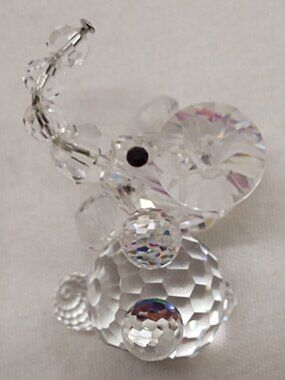 Faceted Crystal Elephant Figurine Clear Cut Glass Miniature Raised Trunk Decor